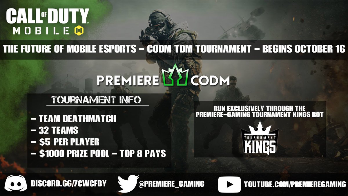 Requests led to a format change! <a href="/Premiere_Gaming/">Premiere-Gaming</a>’s <a href="/PlayCODMobile/">Call of Duty: Mobile</a> TDM Tournament
begins 10/16(powered by @TKpays)

$1,000 Prize Pool

Casting by <a href="/EsportsTj/">Tj</a> 
Click 👉🏼(premiere-gaming.com/codm/) for details or join our Discord (discord.gg/7cwcfby) to join the competitive scene!