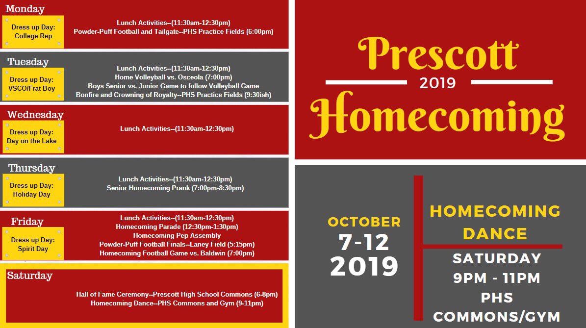 Prescott_HS's tweet photo. Homecoming is this next week! Come for some of the awesome activities. Monday night is powderpuff football. Let the pride begin! #cardinalpride https://t.co/hDZUC3mA1N