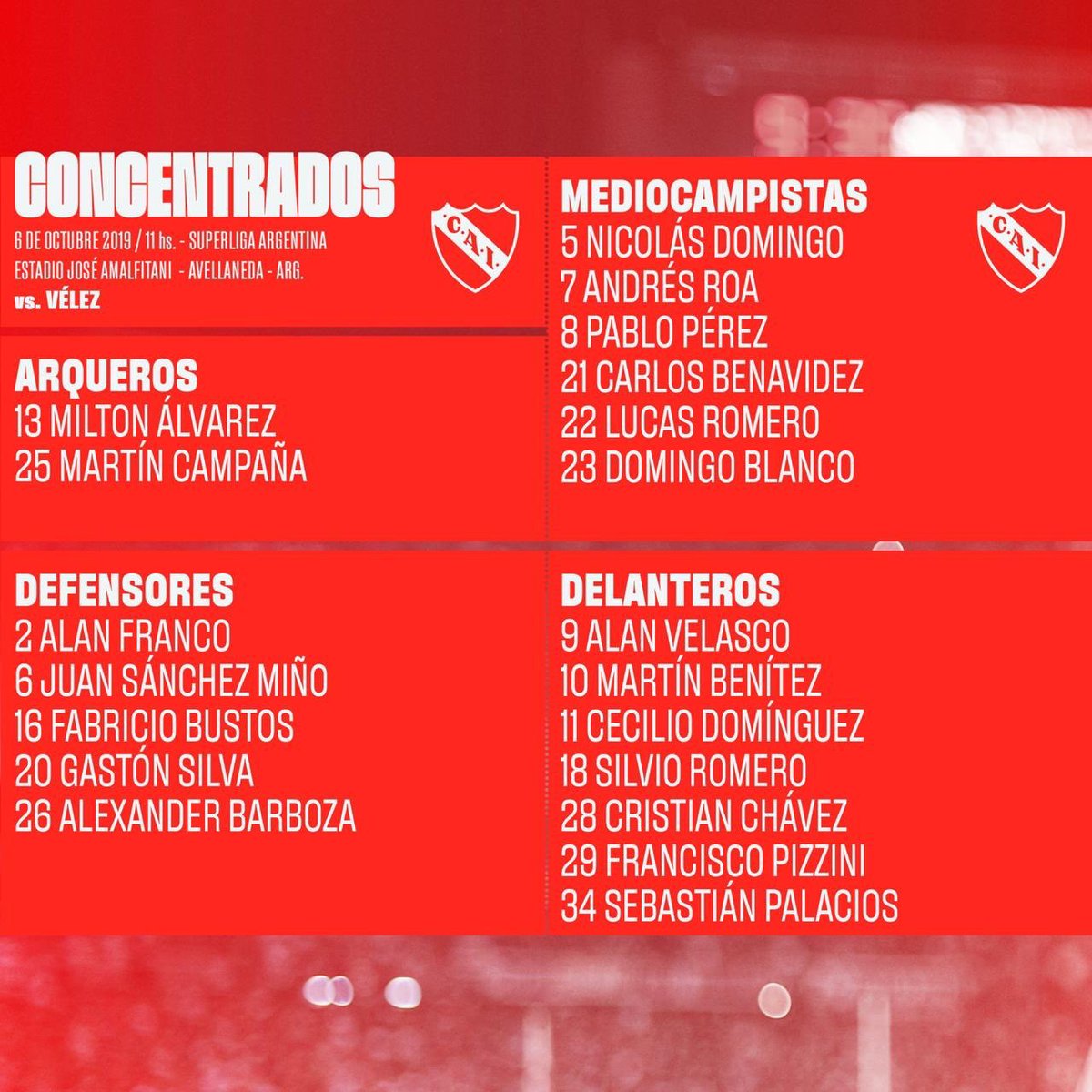 Con la vuelta de Nico Domingo y Cristian Chavez, Independiente presentó la lista concentrados para el partido vs Vélez.