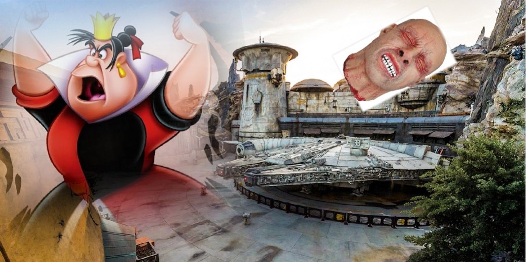 FalseDisney's tweet photo. LIMITED TIME OFFERING!
Due to low attendance, the Queen of Hearts is offering free beheadings to anyone who visits Star Wars: Galaxy's Edge.
#falsedisney #falsedizfacts #disneyland #Disneyworld #starwars #galaxysedge #millenniumfalcon #aliceinwonderland #queenofhearts #beheading https://t.co/YswcaHsFkX