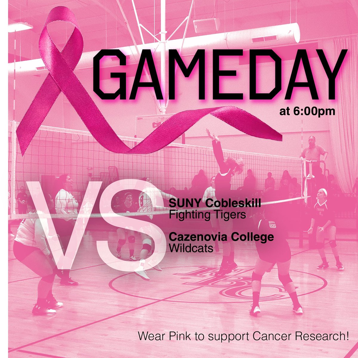 CobyVBall's tweet photo. 🚨 HOME GAME 🚨

Come out and support us for our homecoming game against Cazanovia College tonight at 6pm! Wear your pink shirts to support cancer research! 

#CobyVball #fightingtigers #SUNYCobleskill #volleyball #digpink #homecoming https://t.co/mGOwNGWnOT