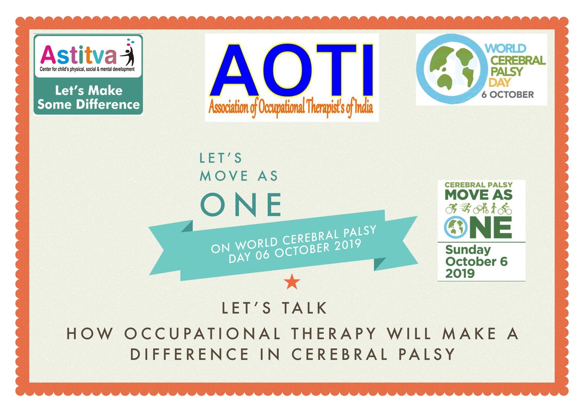 aoti_india's tweet photo. on #WorldCPDay Indian OT fraternity are organising #LetsTalk program called upon by @aoti_india on 6th October 2019. 
Come,join &amp; be a part of them at different location across India to spread How occupational Therapy will make difference in CP @thewfot @AOTAInc 
#LetsMoveAsOne https://t.co/cXPP8gw7af