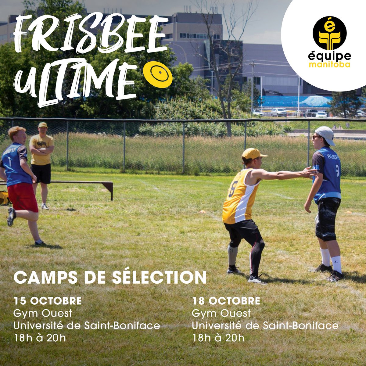 Adorez-vous le frisbee ultime?🥏 Vous épanouir en français? Êtes-vous né entre 2002 et 2006? Si vous avez répondu oui à toutes ces questions, visitez bit.ly/2ngpiQ2 pour plus de détails sur comment vous pouvez faire partie d'Équipe Manitoba aux JeuxFC à Victoria en 2020!