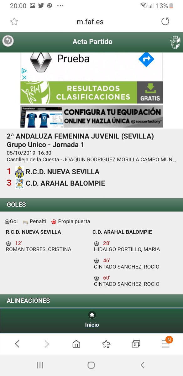Primer partido en la historia del Club Deportivo Arahal Femenino Juvenil, y primera Victoria,  RCD. NUEVA  SEVILLA 1 - CD. ARAHAL BALOMPIE 3 con doblete  de Rocio Cintado y María Hidalgo. Enhorabuena a todo el equipo y a seguir en la misma linea de trabajo.