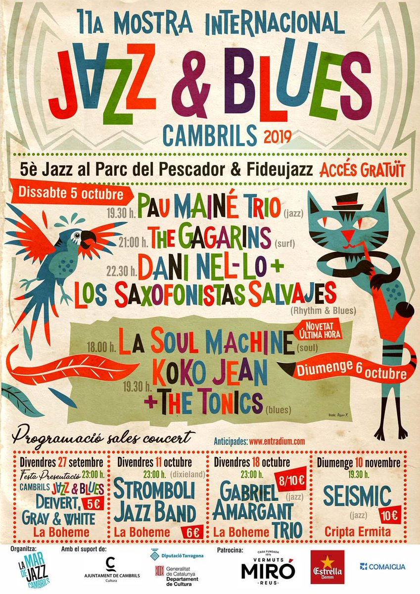 infocambrils's tweet photo. 11ª Mostra internacional JAZZ &amp; BLUES #Cambrils 2019
Del 27 de setembre al 10 de novembre de 2019

+INFO I COMPRA D'ENTRADES: 
https://t.co/6wzK9AEBtw

#cambrilsexperience #costadaurada #jazz #blues #lamardejazz #concerts #concert #concierto #conciertos https://t.co/CYaiPA57uQ