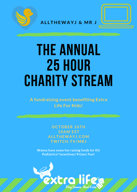 AllTheWayJ27's tweet photo. SAVE THE DATE! SEE YOU THERE! BENEFITING @ExtraLife4Kids ! Incentives to come soon! #Charity #HealKids #gaming #marathon https://t.co/uskqfDUaeg