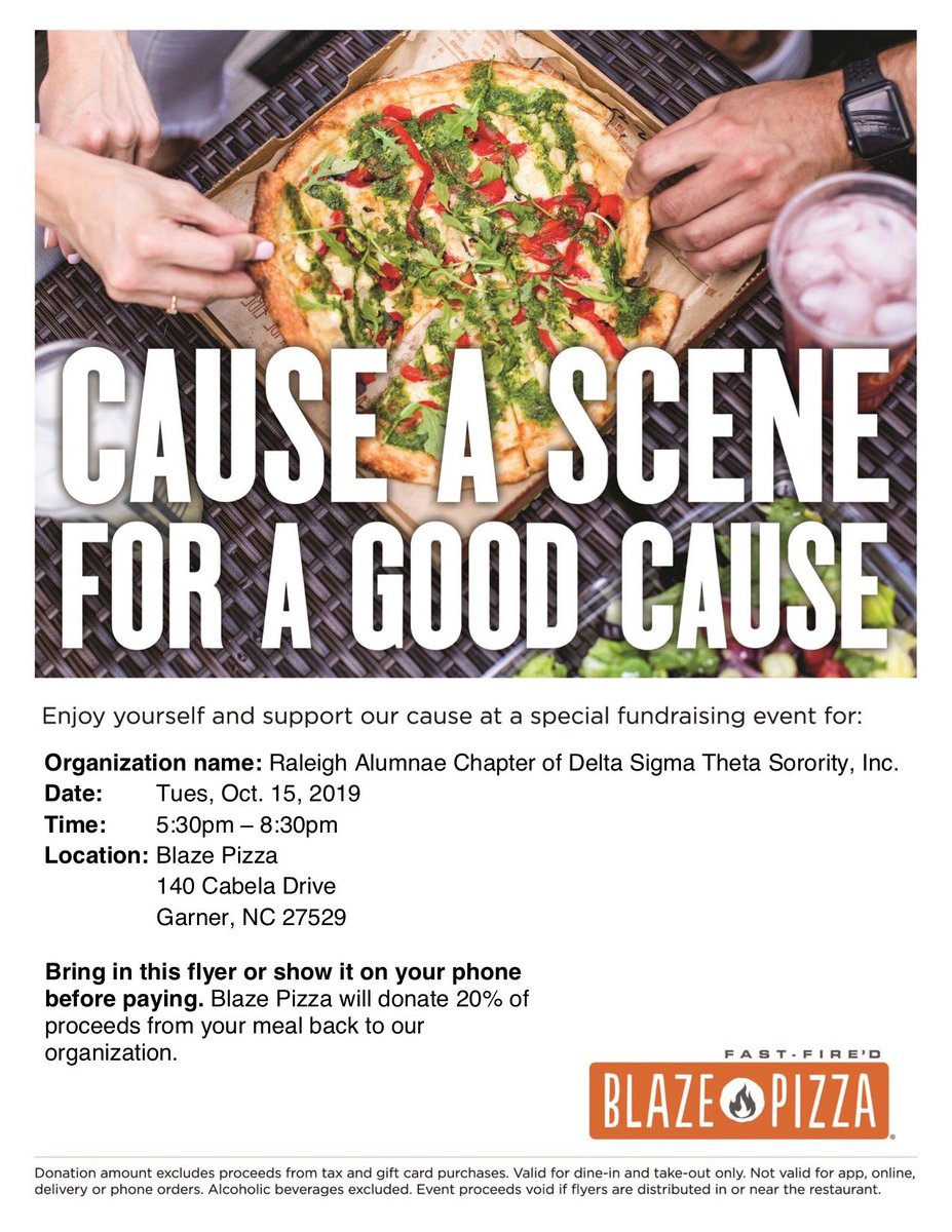 PIZZA TIME🍕🍕Bring your family &amp; friends &amp; join #RaleighDST for Pizza with a Purpose on Tuesday, October 15, 2019 from 5:30pm - 8:30pm at Blaze Pizza 140 Cabela Drive Garner, NC 27529.
*Please present a hard or soft copy of the flyer when placing your order.