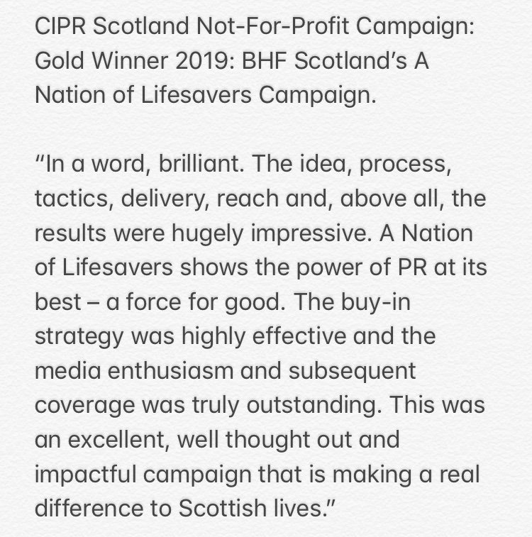 BHFScotland's tweet photo. ICYMI: Our #NationOfLifesavers campaign won the Gold Award for Best Not-For-Profit Campaign at the 2019 @CIPR_Scotland #PRideSCO Awards @CIPR_Awards.
Here's what the judges had to say about the campaign. https://t.co/XSSxXnpSkl