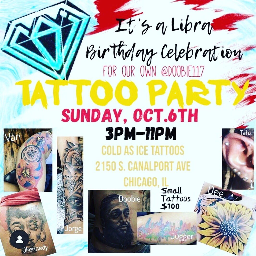 ChicagorillaB's tweet photo. Meet us at #coldasicetattoos tomorrow for their Libra Bash Tattoo Party all small tats $100. We also will be doing a #Chicagorilla pop up shop and watching the Bears game with some food & drinks #sip #shop #GetInked #Drink #Eat #SundayFunday @VanJohnsonTatz @Kevinwo70989205 https://t.co/2JaJgBKGUx
