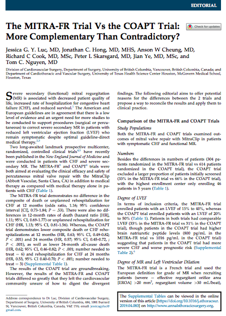 JessicaLuc1's tweet photo. @GilbertTangMD @pomyers Here is the manuscript we wrote with Drs. @JonathanHongMD @tomcnguyen et al on #COAPT and #MITRAFR published in @annalsthorsurg.
List of protocol changes were included in the @NEJM supplement #TSSMN:
1. COAPT - https://t.co/t2fvA7yg4q
2. MITRAFR - https://t.co/UyHkrsEuP5 https://t.co/rxtF7KgRwU