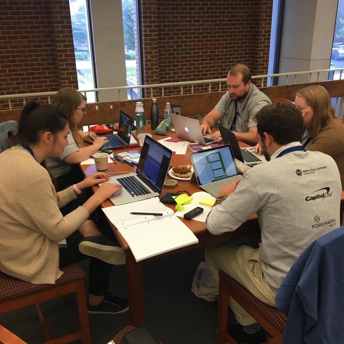 Green Team prototyping with 3 hours left in the #usabilathon competition! Thanks to <a href="/CapitalOne/">Capital One</a> for their support! #Usability #Prototyping