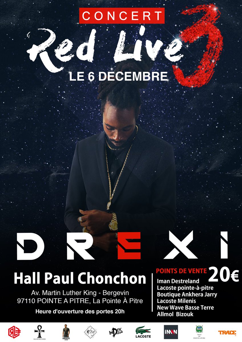 RedDrexi's tweet photo. CONCERT "RED LIVE 3" Vendredi 6 Décembre, ouverture des portes 20h... Venez comme vous êtes !!! 
▪️
▪️
📍: Hall Paul Chonchon (Hall des sports de Pointe-à-Pitre)

Billetterie en ligne :
https://t.co/R6UFUkHwr6 https://t.co/kCtfdFXC6N