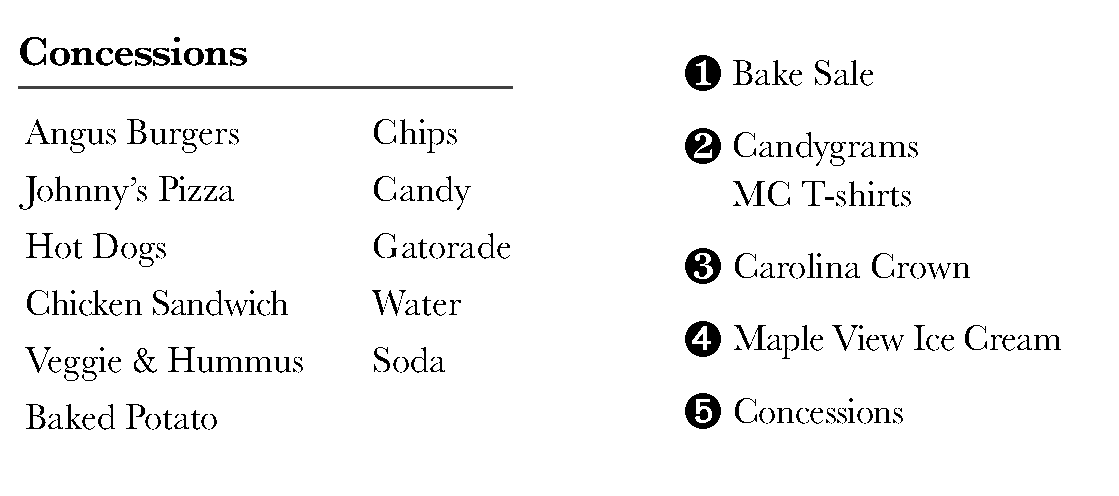 Concessions and bake sale are ready and waiting! <a href="/mchs_marching/">MCHS Marching Band</a>