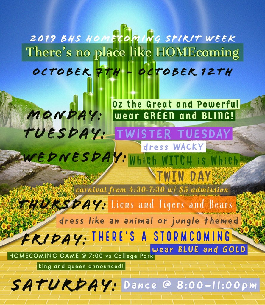 Homecoming is almost here. Don’t forget to dress up and go to the CARNIVAL on Wednesday, October 9 @ 4:30