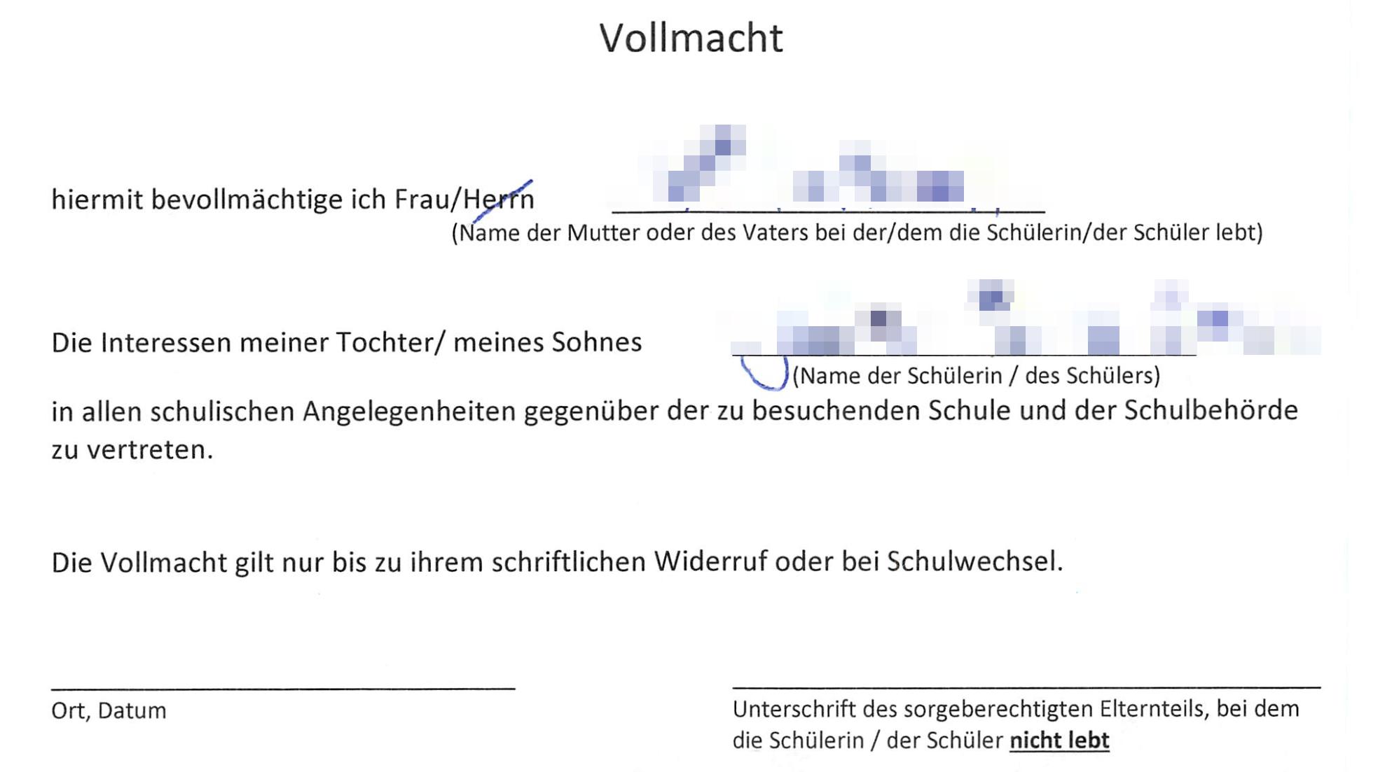 Für schulische angelegenheiten vollmacht Vollmacht Schulische