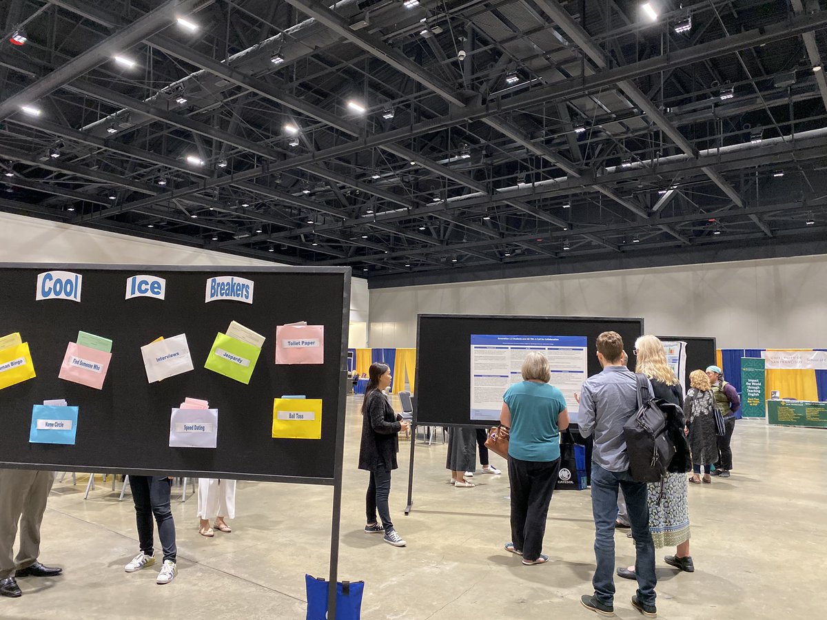 EslYunan's tweet photo. Guys, come check out the poster session in Hall 1! I gained plenty! Talk with Myo about his student’s story of discrimination, some of it really could help on my journal topics. Patricia has a bunch of cool ice breakers, and they made handouts to take away! https://t.co/VPwrJe9AlY