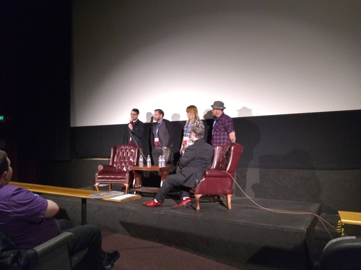 FantasticWorlds's tweet photo. Filmmaker's Q&A for an excellent Short Block 3 at #HPLovecraftFilmFestival
@Thom_Cee (Red Moon), Tyler Wolters (Be Still the Fabric), Lindsey Morrison & Michael Le Breche (Reliquary: A Mugging). Hosted by @hplff's Brian Callahan https://t.co/vhDLwr9BIU