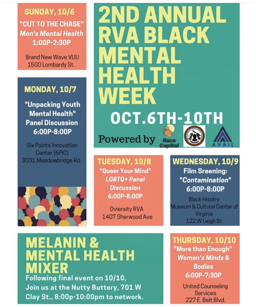For the 2nd annual RVA #BlackMentalHealthWeek, Tangee Moore, LCSW, Daryl Fraser, LCSW & Chelsea Higgs-Wise, MSW have collaborated on a week of events centered on black mental health w/ topics focused on men, women, youth & the LGBTQ+ community 🙌🏽 #UnlockingRVA #mentalhealth #RVA