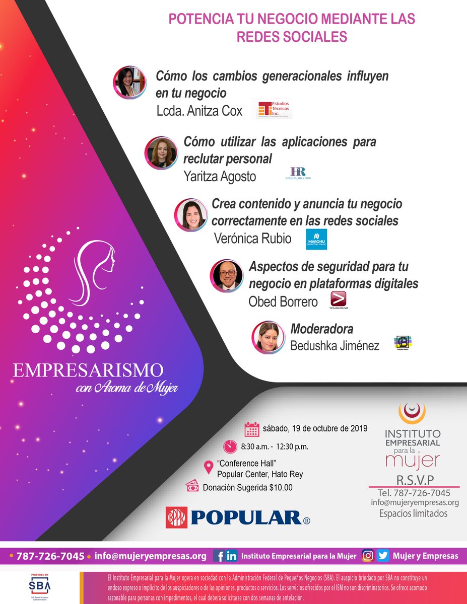 mujeryempresas's tweet photo. Potencia tu Negocio Mediante las Redes Sociales en conmemoración del mes de la mujer empresaria, el Instituto Empresarial para la Mujer ofreceremos nuestro evento de capacitación titulado: ✨Empresarismo con Aroma de Mujer✨ .
#mujerYempresas #IEMtuApoyo https://t.co/nVQJkEaZ7l