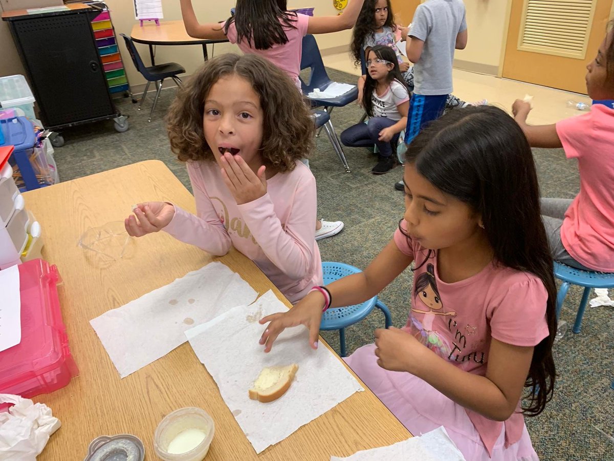 WLES_OCPS's tweet image. Who say making homemade butter isn't fun?  Not these 2nd graders. Changing cream into butter took lots of shaking. Then they enjoyed their own product with bread. 😋🍞 #mrsfranklinsclass #fromliquidtosolid #physicalchange #statesofmatter