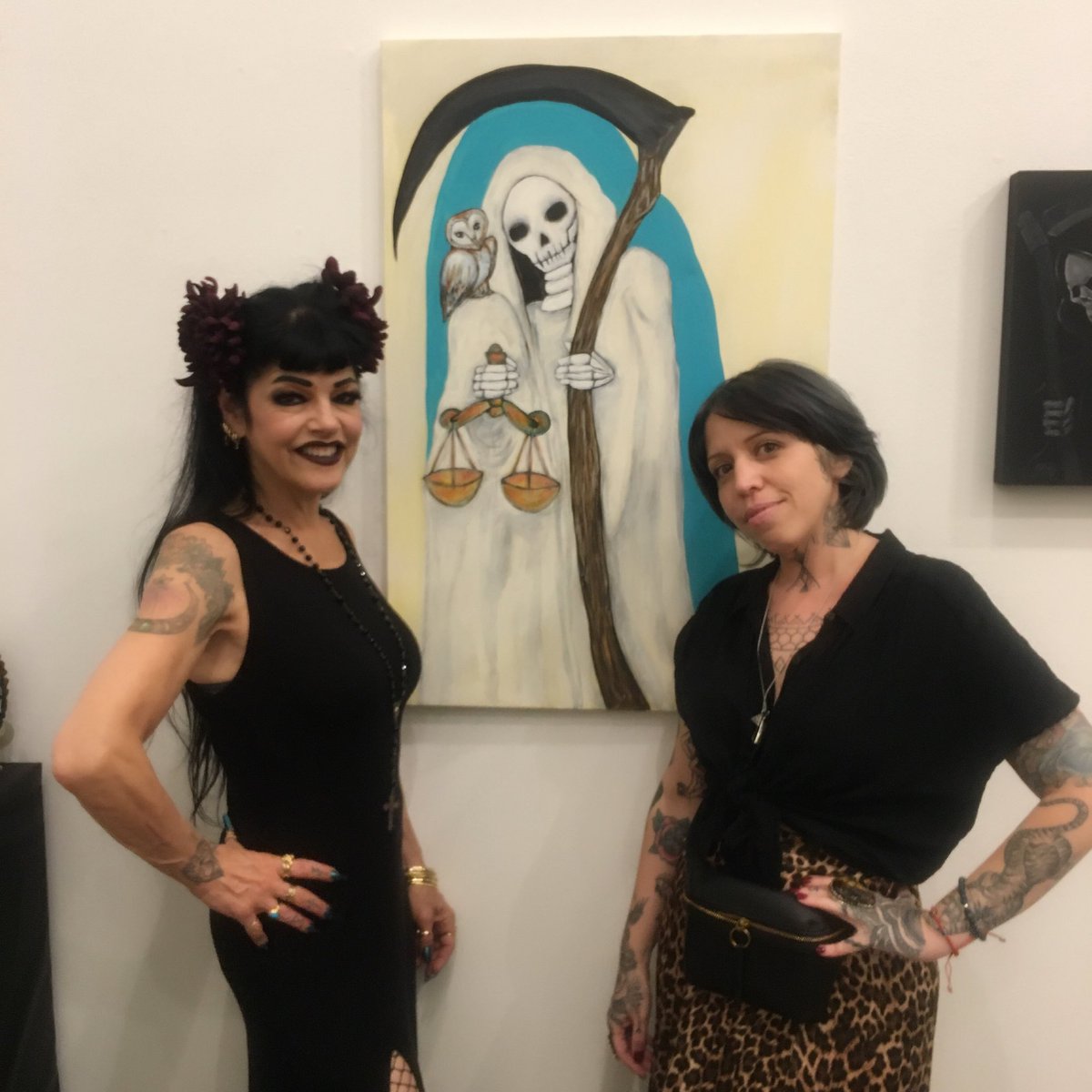 PleasantGehman1's tweet photo. With Marcella Kroll at Lisa Derrick Fine Arts for the gallery opening of “Ex Voto/ Santisima” an all Santa Muerte show. The first painting is mine, the second is Marcella’s 💀#santamuerte #laflaca #lisaderrickfinearts https://t.co/M7aZ7bO6U3