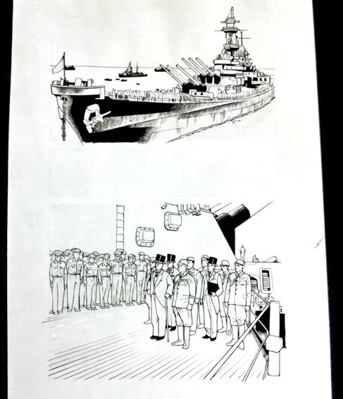 ペン画とカラー完成原稿。

ミズーリ艦上での降伏調印式。 