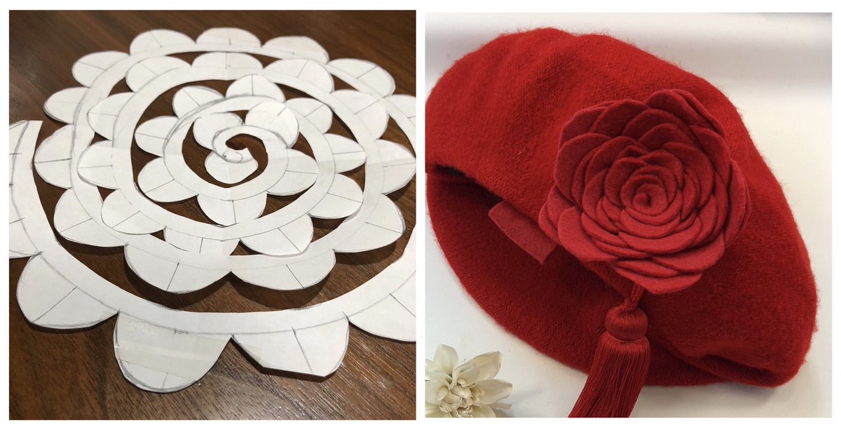 Chiaki 着物に合わせたベレー帽のお花 型紙は画像左です 円を描いて 花びらを均等に描き渦巻き状にします フェルトに書写して裁断 中央からグルグル巻き重ねていくと 右の様なお花完成です お気に入りの帽子の色に合わせて作ってみてはいかがですか