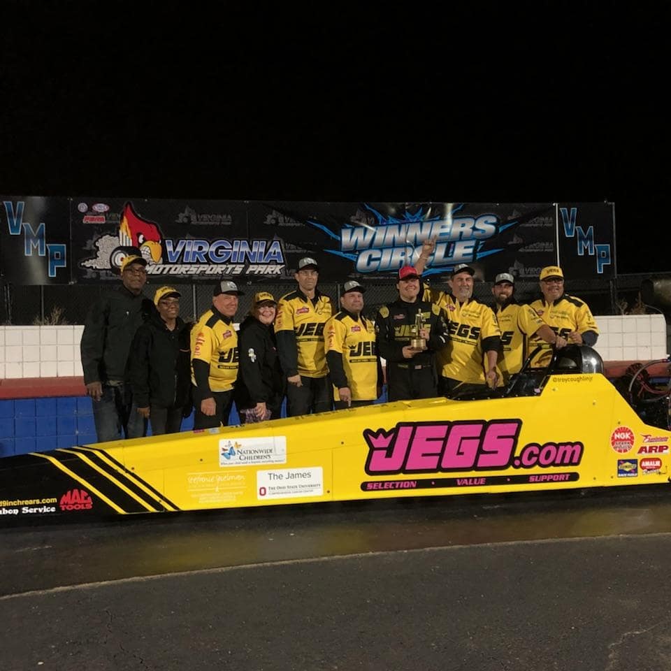 Congratulations to @troycoughlinjr and the entire #McPhillipsRacing team on winning the @NHRANortheastDi event at @VMPDrags and claiming the #topalcoholdragster Regional Championship. #WINwithJEGS @JEGSPerformance. @OSUCCC_James @nationwidekids