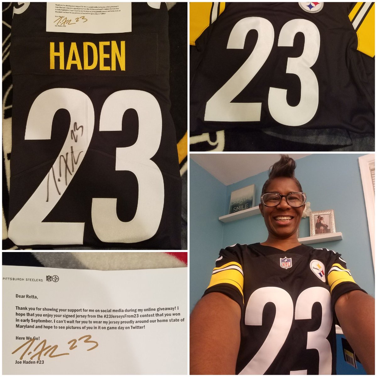 RettaTimmons's tweet photo. #Grateful #HereWeGo #23JerseysFrom23 #IliveinBaltimore #Steelershavemyheart #Iridewith @steelers #thanks@JoeHaden https://t.co/zkLJ3DWXLd