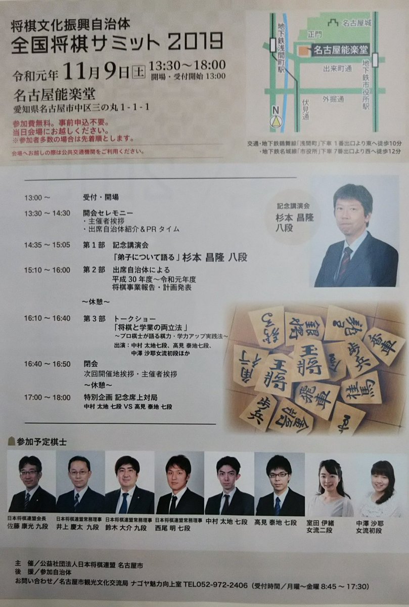 Kewpiehoney 将棋文化振興自治体 全国将棋サミット19 日時 11月9日 土 13時受付 会場 名古屋能楽堂 参加予定棋士 佐藤康光九段 井上慶太九段 鈴木大介九段 杉本昌隆八段 西尾明七段 中村太地七段 髙見泰地七段 室田伊緒女流二段 中澤沙耶