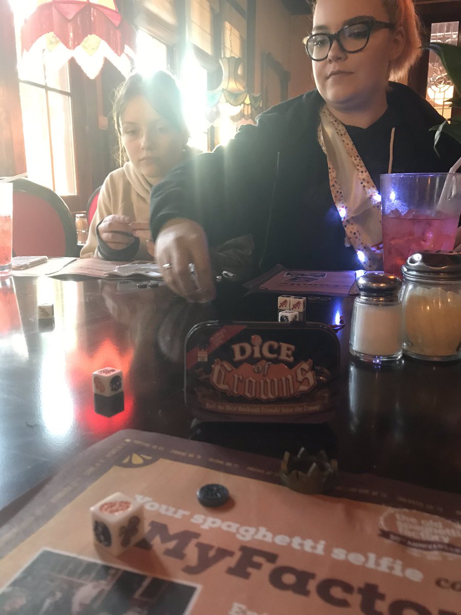 thing12games's tweet photo. Playing a 4p game of #DiceOfCrowns while we wait for dinner at @OldSpaghFactory
My daughter won, the regal queen of the table.
#MyFactoryFamily https://t.co/8XpjoDpb26