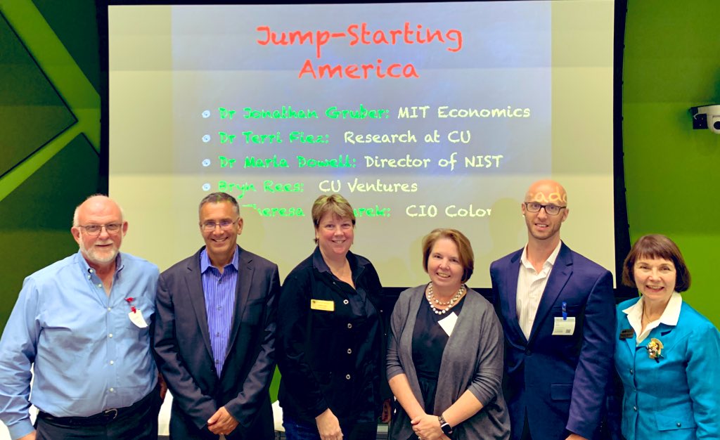 TheresaSzczurek's tweet photo. Dr JonathanGruber of @MITEcon spoke on “Jump-starting America” at #mitforum at @Google #boulder. Great panel on #technology for #econdev w/ Terri Fiez of @CUEngineering, Marla Dowell of @NIST, Bryn Rees of @cutechtransfer, @TheresaSzczurek of @OITColorado. Thanks Jim Pollock. https://t.co/kPnaE6Grfp