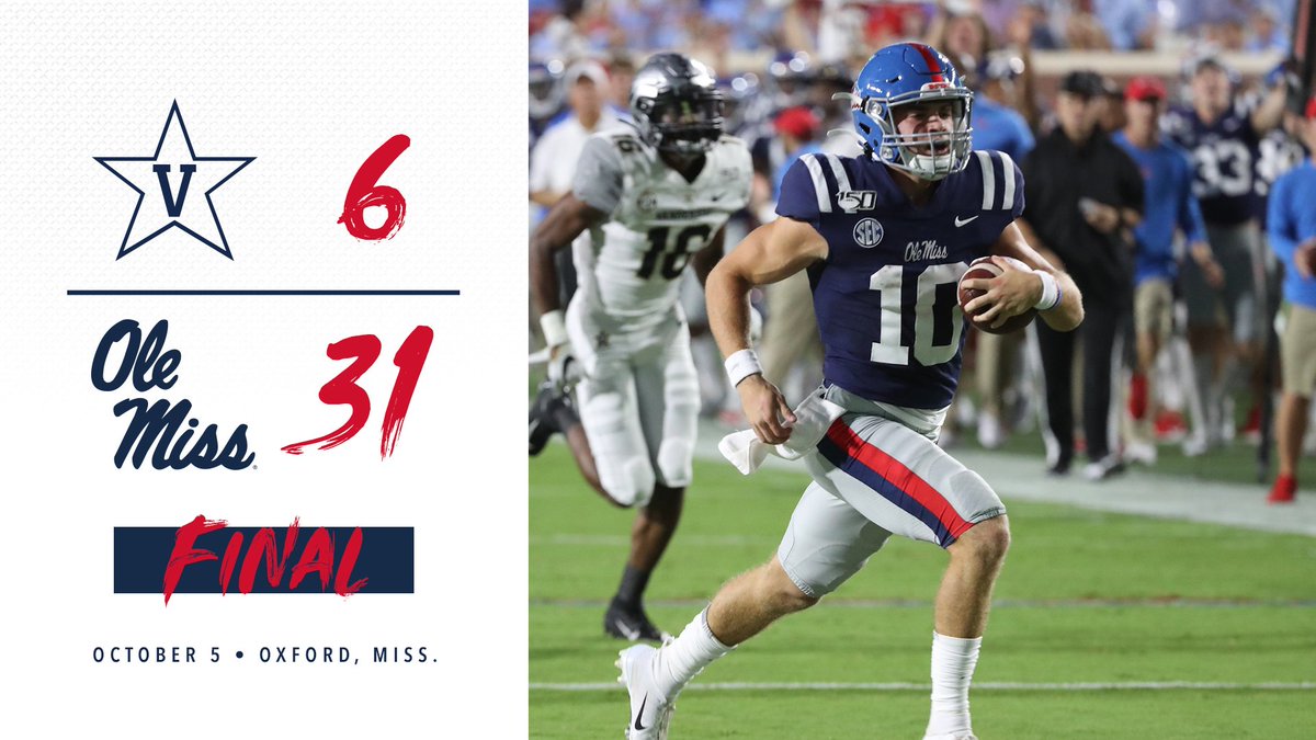 OleMissFB's tweet photo. FINAL | Ole Miss dominates both sides of the ball, rushing for 413 yards and four TDs while holding Vanderbilt without a TD.

The Rebels improve to 2-1 in SEC play and head to Missouri next weekend.

Ole Miss 31, Vanderbilt 6 https://t.co/pio67iW7Yt