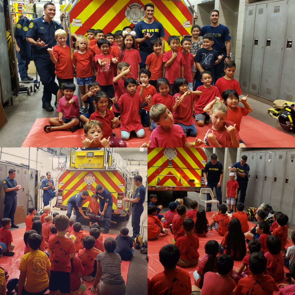 jilltokuda's tweet photo. Looks like #HonoluluFireDepartment Ladder 17 got some new recruits! 👨‍🚒👩‍🚒 Mahalo to our a awesome Kaneohe firefighters for talking w/our @boyscouts  Pack229 cubscouts! #DenMom #windwardstrong https://t.co/4SYG8UqUnE