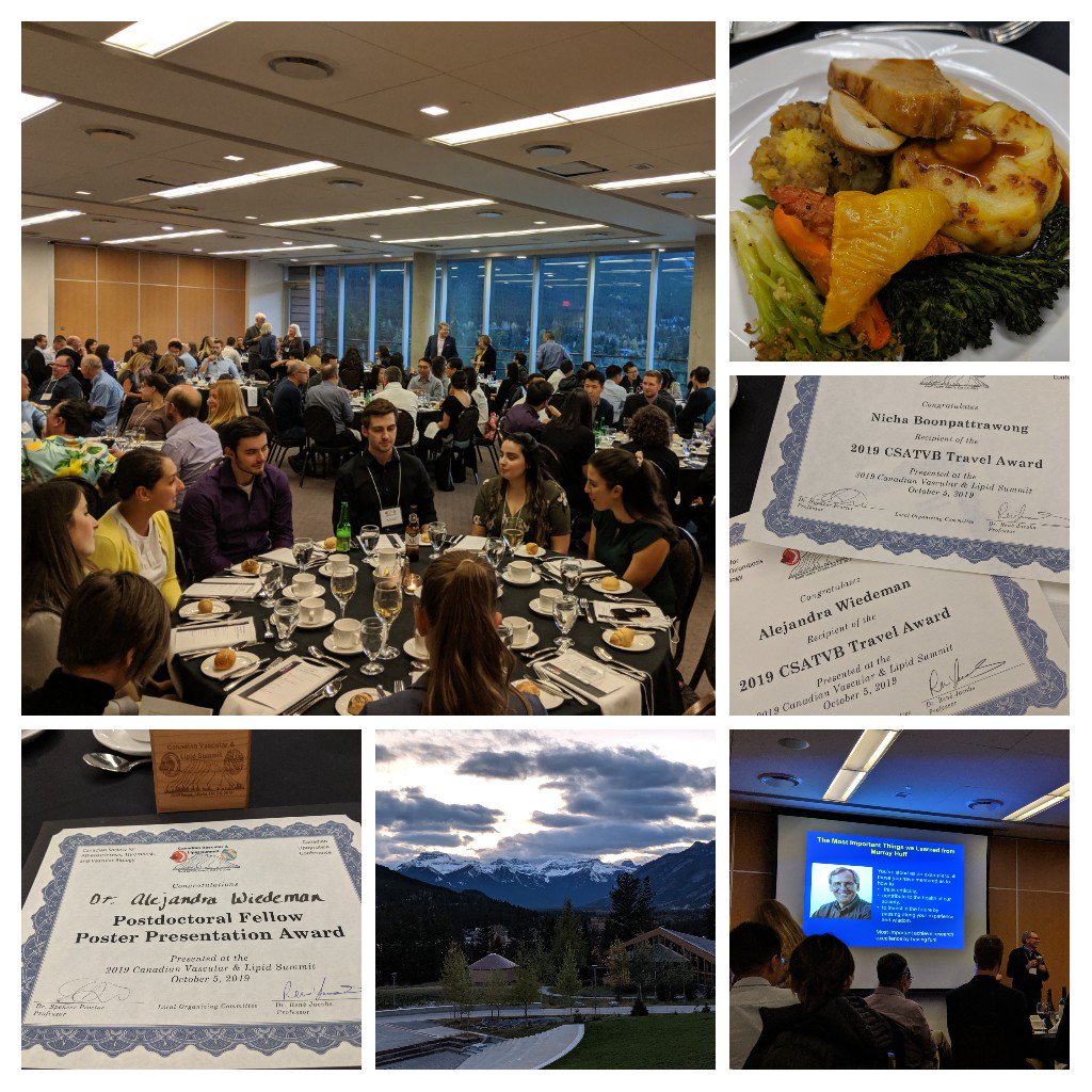 AleWiedeman's tweet photo. Thank you for a wonderful dinner, CSATVB for the travel awards, and PDF poster presentation award! And special thank you to our table (table-mid-back-side?) for an especially entertaining evening! @AngelaMDevlin @Cdn_lipoprotein @JacobsLabUofA #CSATVB https://t.co/WKR2qi4bJk