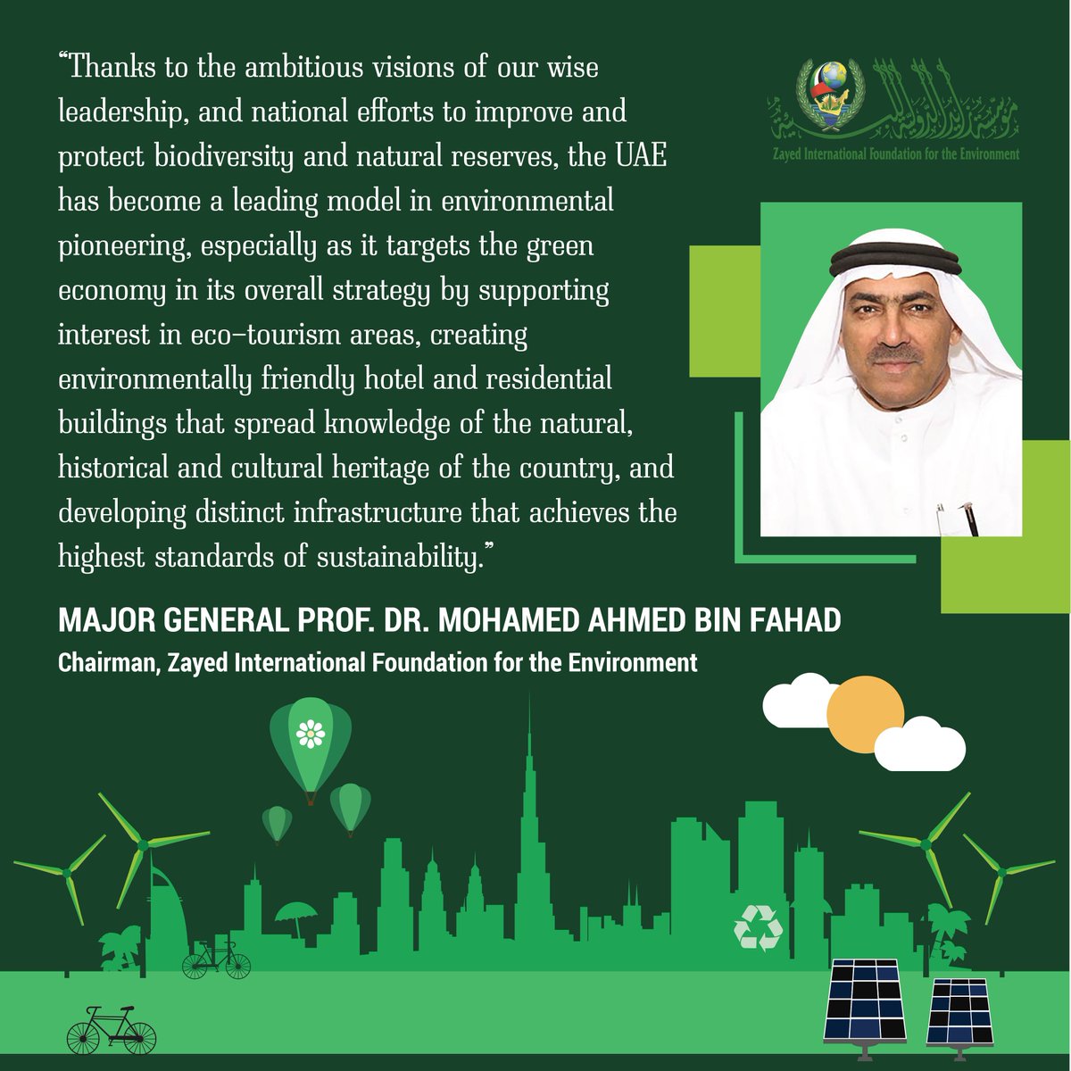 Zayedprize's tweet image. Message from the Chairman 
on UAE’s environmental pioneering.
#UAE #ZayedPrize #ZayedFoundation #Environment #SustainableDevelopment