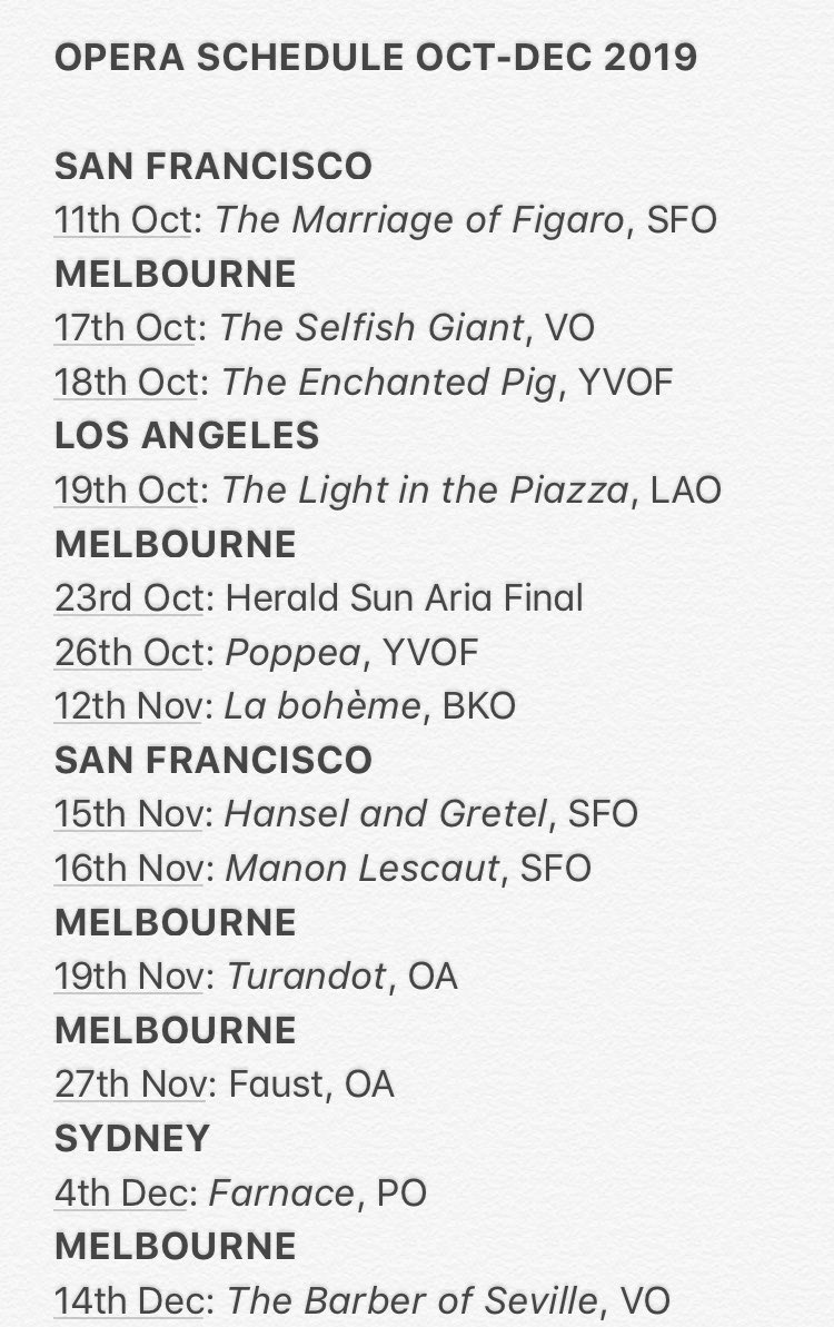 Paul Selar (@operachaser) on Twitter photo This might very well be what constitutes my opera plans for the rest the year. There’s broad scale appeal to dive into with <a href="/SFOpera/">San Francisco Opera</a>, <a href="/VictorianOpera/">Victorian Opera</a>, @GertrudeOpera’s Yarra Valley Opera Festival, <a href="/LAOpera/">LA Opera</a>, <a href="/BK_Opera/">BK Opera</a>, <a href="/OperaAustralia/">Opera Australia</a> and <a href="/pinchgut/">Pinchgut Opera</a>. This might very well be what constitutes my opera plans for the rest the year. There’s broad scale appeal to dive into with <a href="/SFOpera/">San Francisco Opera</a>, <a href="/VictorianOpera/">Victorian Opera</a>, @GertrudeOpera’s Yarra Valley Opera Festival, <a href="/LAOpera/">LA Opera</a>, <a href="/BK_Opera/">BK Opera</a>, <a href="/OperaAustralia/">Opera Australia</a> and <a href="/pinchgut/">Pinchgut Opera</a>.