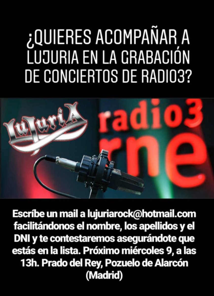 LujuriaOficial's tweet photo. NECESITAMOS PÚBLICO PARA EL MIERCOLES 9 DE OCTUBRE EN LOS CONCIERTOS DE RADIO 3
Ya somos 19 . Animaos, difundidlo, queda poco tiempo. Quien quiera  enviad un mail a lujuriarock@hotmail.com os contamos como va la cosa ¿OK? Mil gracias. ¡¡VAMOS, SED BELIAL CON NOSOTROS!! Gracias. https://t.co/VMNlboME04