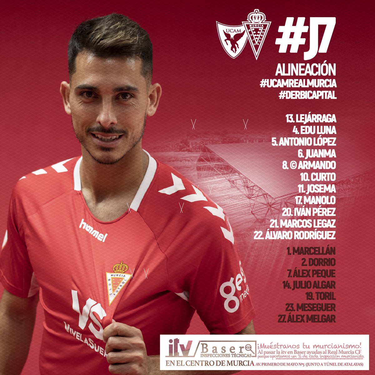 realmurciacfsad's tweet photo. / #J7 / ALINEACIÓN @realmurciacfsad
Nuestro once inicial y suplentes con @BaserItv para el #derbicapital #ucamrealmurcia 
¡#hastaelfinal #equipo! https://t.co/Oh4Lo5dMPP
