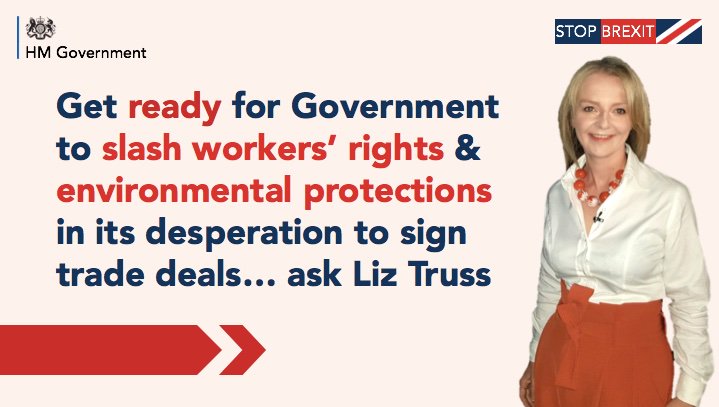  #GetReadyForBrexit  #LiarJohnson will scrap May's pledge to keep EU workers'/safety/environ. rights&standards to get a US trade deal.Truss says scrapping food safety standards is“vital for giving us the freedom & flexibility to strike new trade deals & become more competitive"