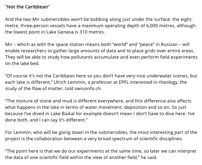 40) The above exposés on Russian spying in Switzerland led me further down the rabbit hole until I encountered this fascinating piece from 2011.Apparently, Russian submarines conducted a geology and physics expedition to probe the depths of Lake Geneva. https://www.swissinfo.ch/eng/sci-tech/russian-subs-plumb-depths-of-lake-geneva/29628760