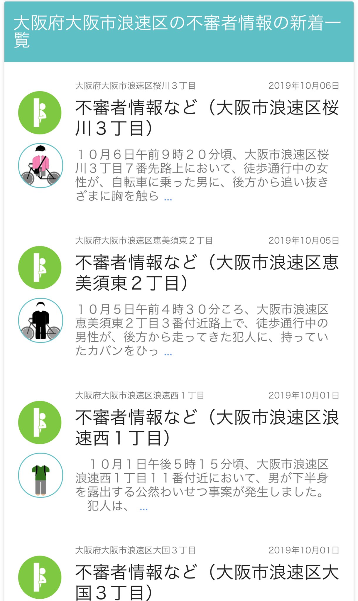 中野 ラップの奴でオタク女子たちが 通天閣あたりは治安が悪いから気をつけて いや私地元ですけどそんなに治安悪くないです って学級会してるけど ガッコム安全ナビみると浪速区はほぼ毎日窃盗や猥褻だ不審者出てるよ 足立区ですら最新情報は9月末