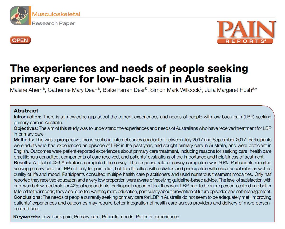 PeteOSullivanPT's tweet photo. Participants reported seeking primary care for LBP not only for pain relief, but for difficulties with activities and participation with usual social roles as well as
quality of life and mood. Treat the whole person!
https://t.co/1zcPvtvpqx https://t.co/WPbdXbYvoF