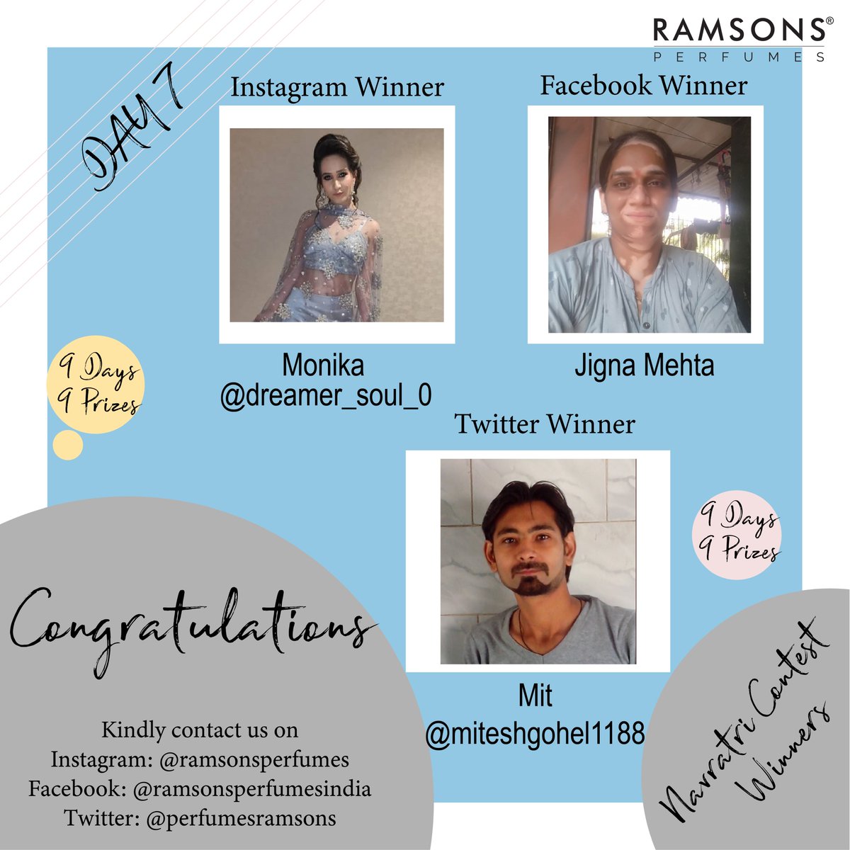 ramsonsperfume's tweet photo. Day 7!
Hurray!! Ramsons Perfume congratulates the winners! Kindly check your inbox for further details and enjoy the vibes of Navratri with us, Mit @miteshgohel1188 congratulations you are the winner of the Twitter contest.
#day7winners #winners #contestalert #contest #Navratri https://t.co/BMiLZTCLVq