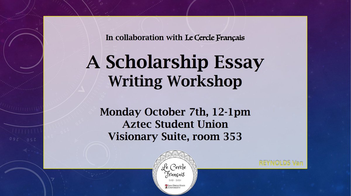 SDSUFrenchClub's tweet photo. Bonsoir mes Francophiles!
As part of our meeting this Monday your very own social media liasion, Van (c'est moi!) will be giving a scholarship essay writing workshop.
Vous y voir!
#sdsufrenchclub
#frenchclubsdsu #sdsufall2019 #essayworkshop https://t.co/rJqOFcv49V