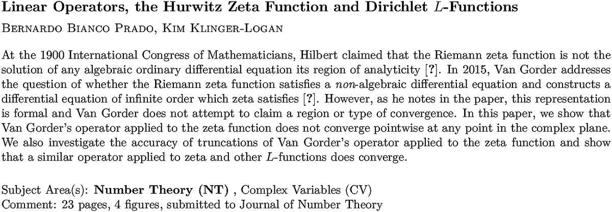 arXiv_math_NT's tweet photo. https://t.co/IbOoGdZpqq
B B Prado, K Klinger-Logan
Linear Operators, the Hurwitz Zeta Function and Dirichlet $L$-Functions https://t.co/WMG6O8WHbp