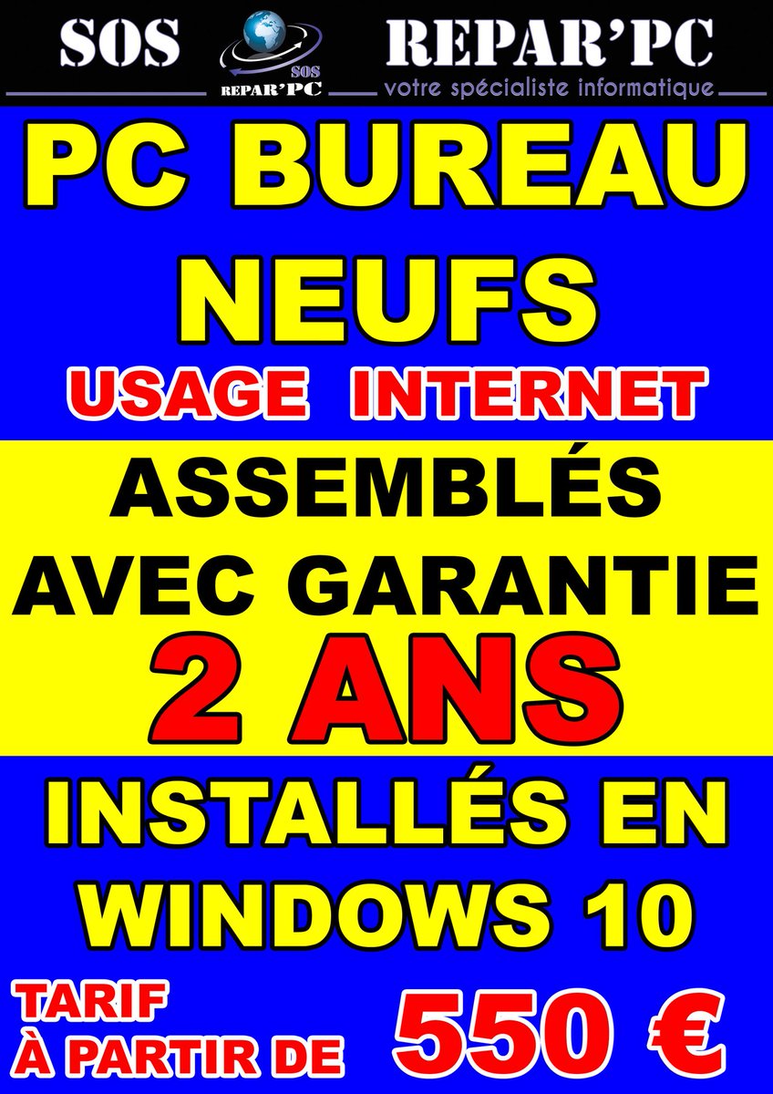 SOSREPARPC's tweet photo. PC assemblés sur mesure pour un usage Bureautique / Internet, avec garantie 2 ans pièces et main d'oeuvre (hors problèmes logiciels). Disponibles sur commande. Délai 48/72h. Possibilité de paiement en 3 ou 4 fois en CB (voir conditions en magasin). https://t.co/mlF0jPcON1 https://t.co/Blj12NClOD