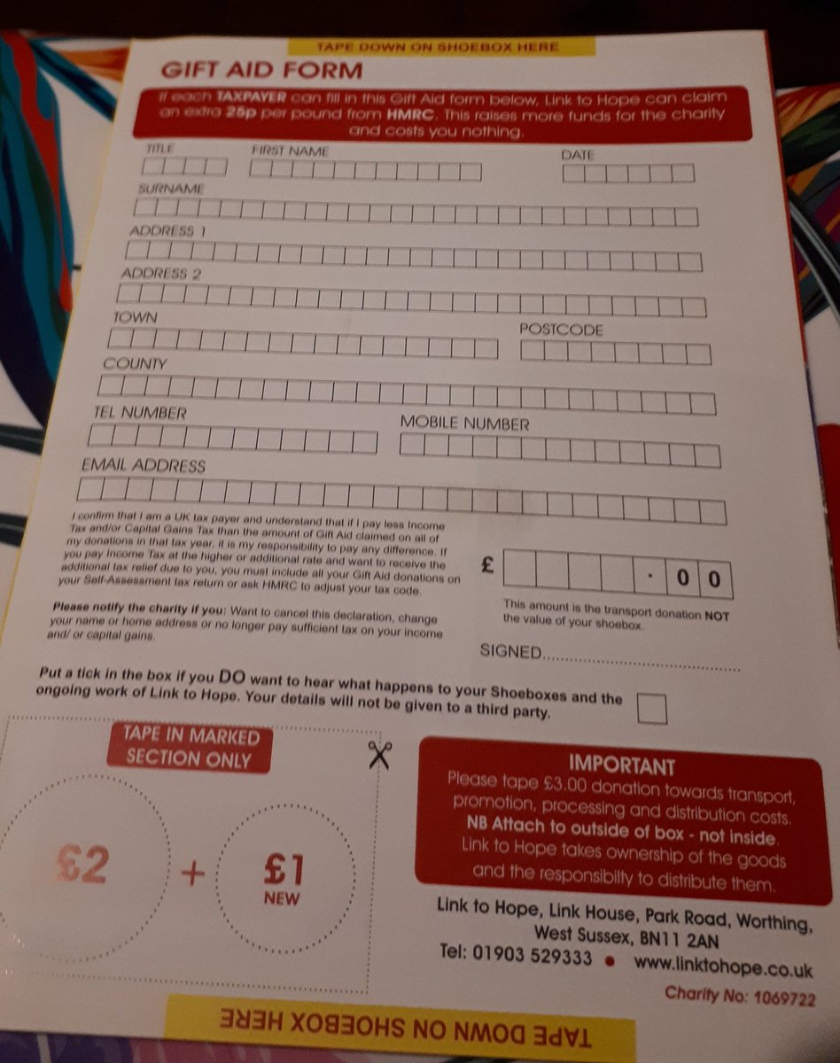 Leaflet with details for #linktohope shoebox appeal