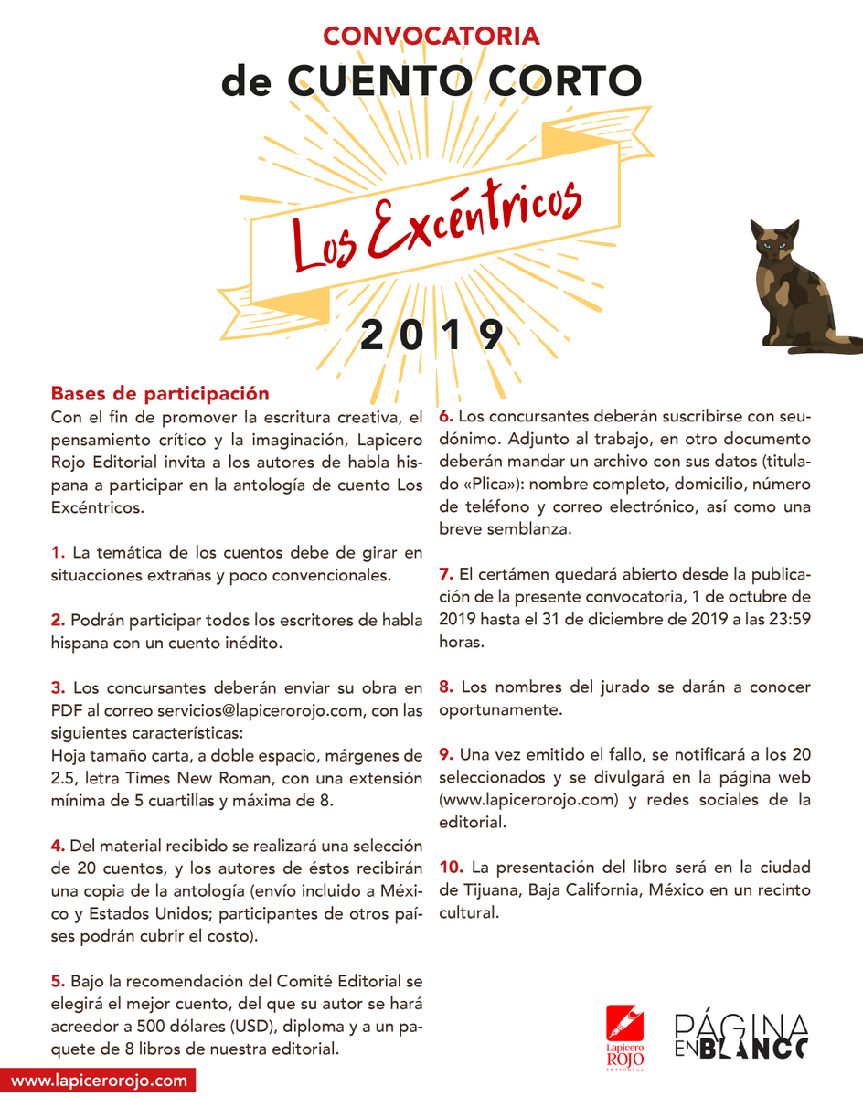 Convocatoria de Cuento Corto "Los Excéntricos" 2019. Consulta las bases en lapicerorojo.com 
#lapicerorojoeditorial #convocatoriacuento #Convocatorialapicerorojo