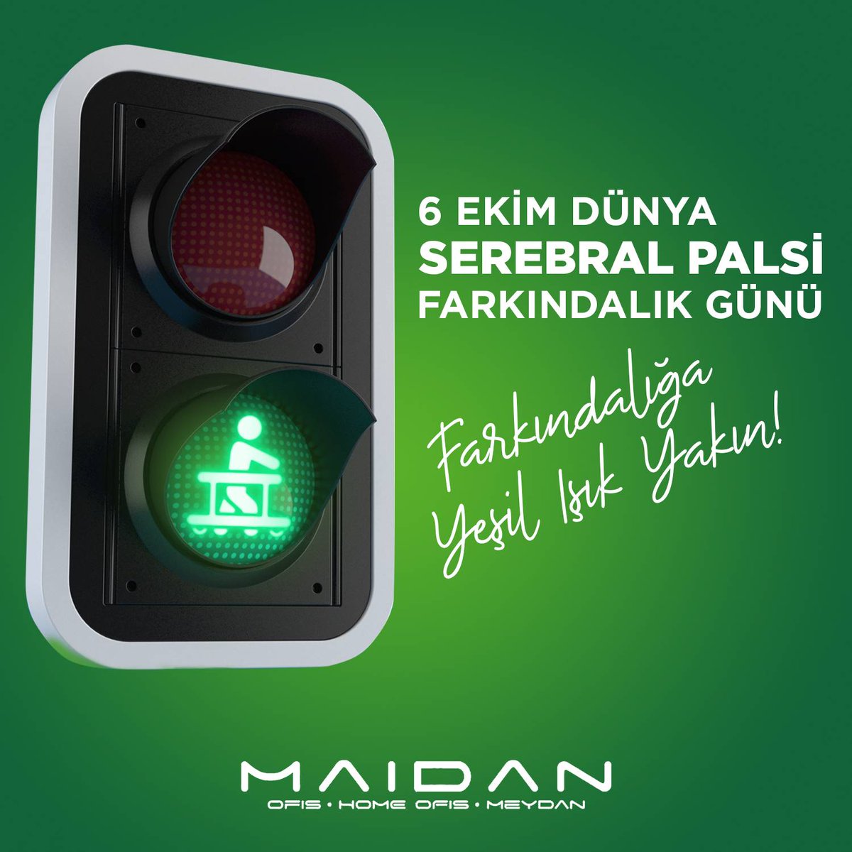 Bugün yeşile boyanıyoruz. 💚Serebral Palsi Farkındalık Günü’nde herkesi beyin felci, beyin sağlığı ve erken dönem beyin hasarları konusunda bilinçlenmeye ve yeşil ışık yakmaya davet ediyoruz! #Maidan #yeşilifarket #serebralpalsiyifarket #worldcpday #yeşilışıkyak